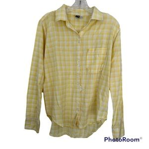 🔥B1G1 Roxy Lightweight Yellow and White Gingham Plaid Button Down Top Size Med